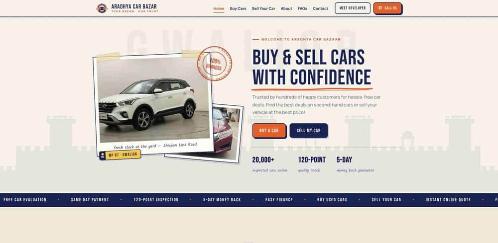 Aradhya Car Bazaar used car marketplace homepage — buy and sell cars with confidence