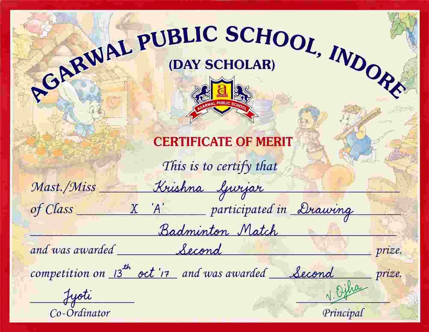 Certificate — Badminton match, Second prize, Class 10
