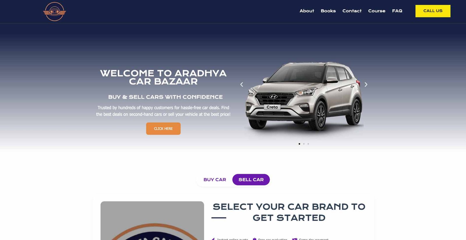 Aradhya Car Bazaar automotive marketplace homepage