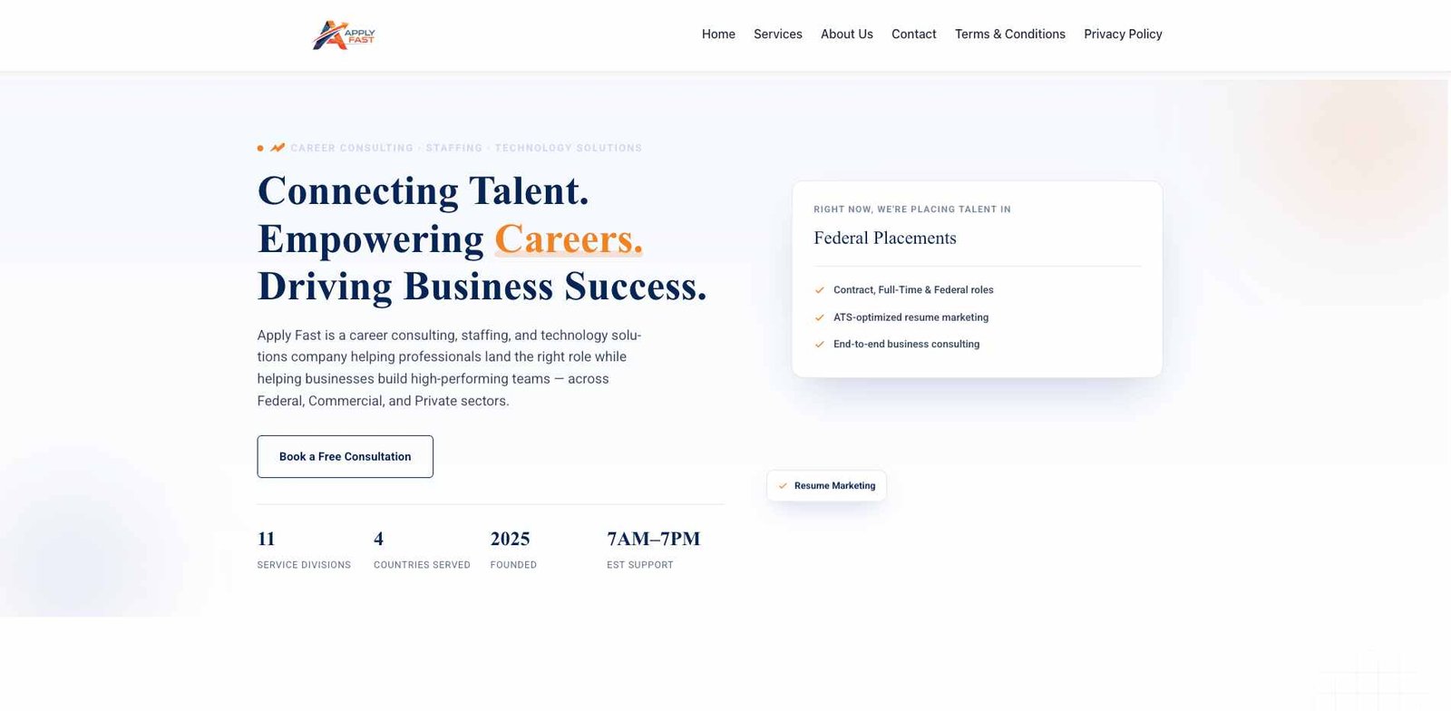 Apply Fast career consulting website homepage