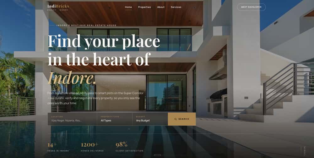 IndiBricks Realty boutique real estate website homepage for Indore